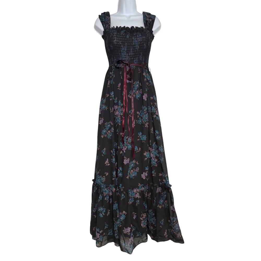 Candi Jones California Dress Vintage SIZE 7 Black Purple Blue Floral Maxi Ruffle